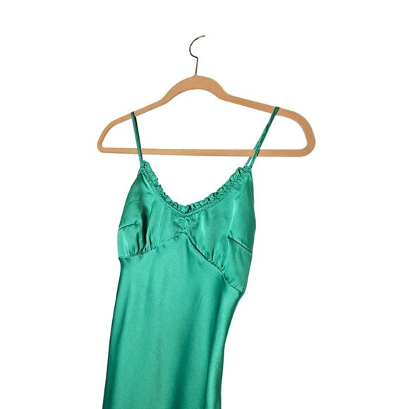 Japna XS Green Satin Slip Dress With Ruffled Details Side Slit Babydoll Side Zip - Picture 7 of 13